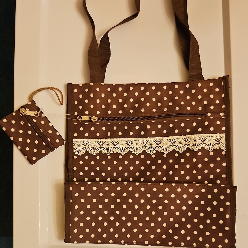 Brown Polka Dot Tote Bag with Pouch
